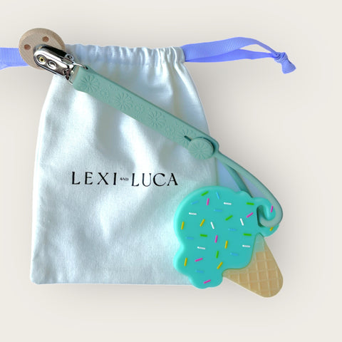 Ice cream teether set with pacifier clip and dust bag (mint)