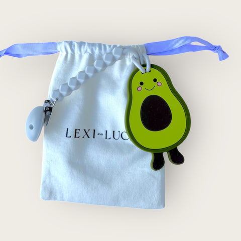 Avocado teether set with pacifier clip and dust bag