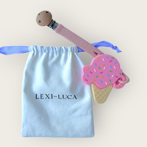 Ice cream teether set with pacifier clip and dust bag (pink)